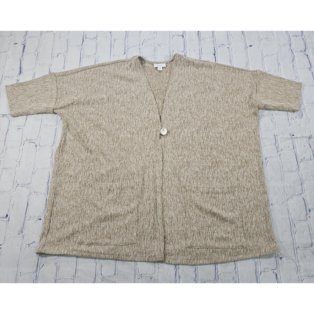 J Jill Purejill WOMENS M Cardigan Beige Button Short Sleeve Linen Blend Knit Top